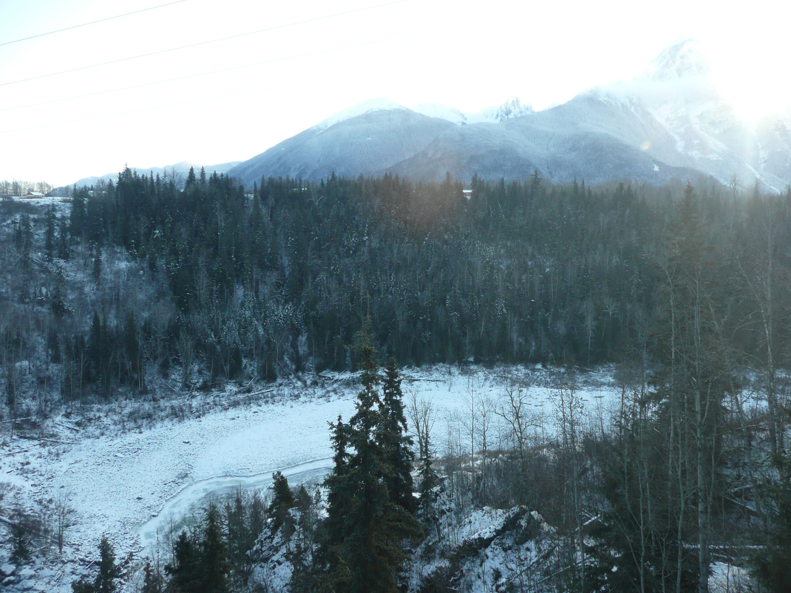 Frozen river tall mountains in background