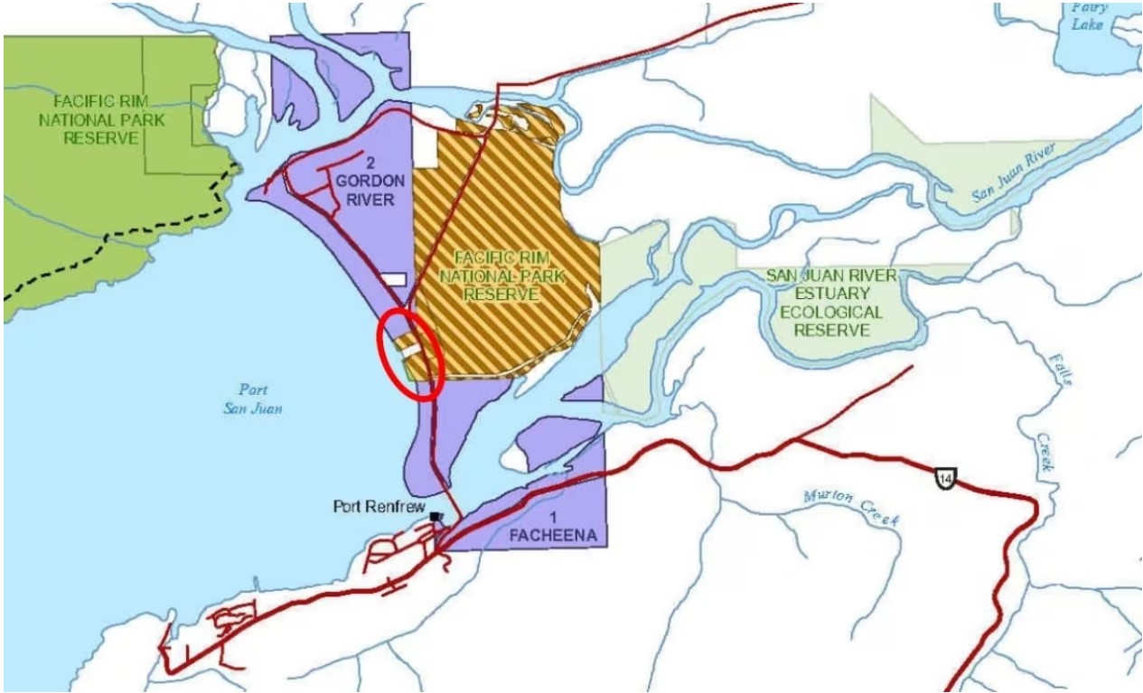 ?a:?b?e:?s (Middle Beach), circled, between Pacheena 1 and Gordon River 2.